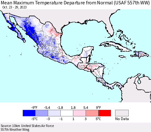 Mexico Central America and the Caribbean Mean Maximum Temperature Departure from Normal (USAF 557th WW) Thematic Map For 10/23/2023 - 10/29/2023