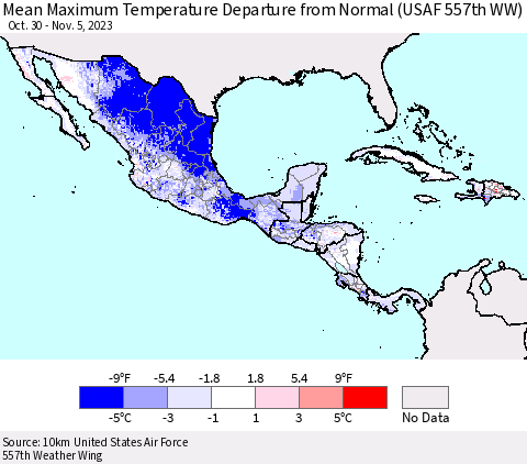 Mexico Central America and the Caribbean Mean Maximum Temperature Departure from Normal (USAF 557th WW) Thematic Map For 10/30/2023 - 11/5/2023