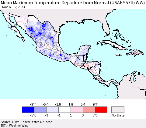 Mexico Central America and the Caribbean Mean Maximum Temperature Departure from Normal (USAF 557th WW) Thematic Map For 11/6/2023 - 11/12/2023
