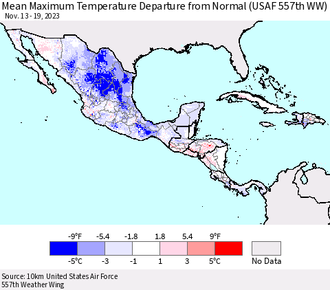 Mexico Central America and the Caribbean Mean Maximum Temperature Departure from Normal (USAF 557th WW) Thematic Map For 11/13/2023 - 11/19/2023