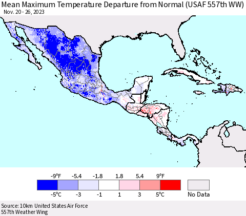 Mexico Central America and the Caribbean Mean Maximum Temperature Departure from Normal (USAF 557th WW) Thematic Map For 11/20/2023 - 11/26/2023