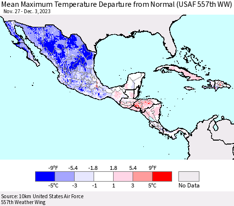 Mexico Central America and the Caribbean Mean Maximum Temperature Departure from Normal (USAF 557th WW) Thematic Map For 11/27/2023 - 12/3/2023