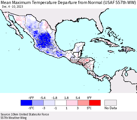 Mexico Central America and the Caribbean Mean Maximum Temperature Departure from Normal (USAF 557th WW) Thematic Map For 12/4/2023 - 12/10/2023