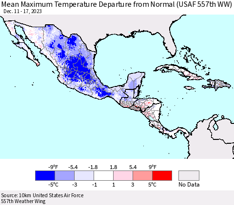 Mexico Central America and the Caribbean Mean Maximum Temperature Departure from Normal (USAF 557th WW) Thematic Map For 12/11/2023 - 12/17/2023