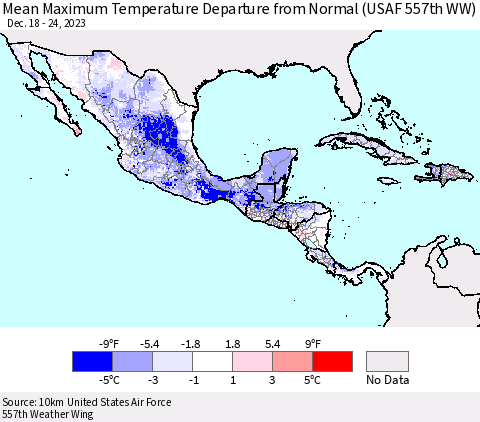 Mexico Central America and the Caribbean Mean Maximum Temperature Departure from Normal (USAF 557th WW) Thematic Map For 12/18/2023 - 12/24/2023