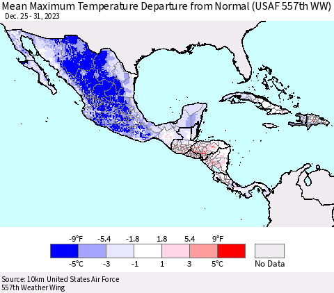 Mexico Central America and the Caribbean Mean Maximum Temperature Departure from Normal (USAF 557th WW) Thematic Map For 12/25/2023 - 12/31/2023