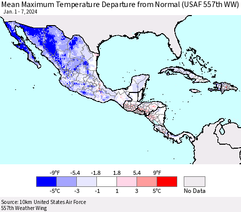 Mexico Central America and the Caribbean Mean Maximum Temperature Departure from Normal (USAF 557th WW) Thematic Map For 1/1/2024 - 1/7/2024