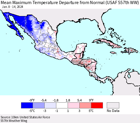 Mexico Central America and the Caribbean Mean Maximum Temperature Departure from Normal (USAF 557th WW) Thematic Map For 1/8/2024 - 1/14/2024