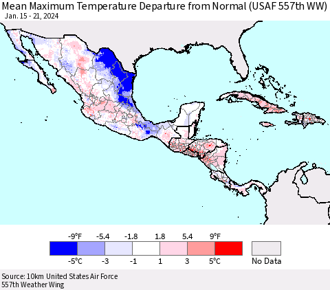 Mexico Central America and the Caribbean Mean Maximum Temperature Departure from Normal (USAF 557th WW) Thematic Map For 1/15/2024 - 1/21/2024