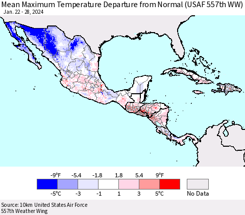 Mexico Central America and the Caribbean Mean Maximum Temperature Departure from Normal (USAF 557th WW) Thematic Map For 1/22/2024 - 1/28/2024