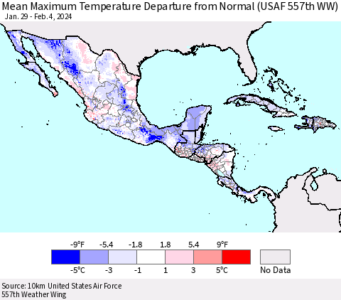 Mexico Central America and the Caribbean Mean Maximum Temperature Departure from Normal (USAF 557th WW) Thematic Map For 1/29/2024 - 2/4/2024
