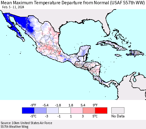 Mexico Central America and the Caribbean Mean Maximum Temperature Departure from Normal (USAF 557th WW) Thematic Map For 2/5/2024 - 2/11/2024