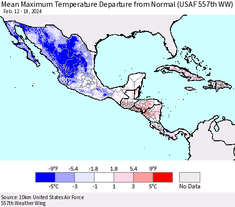 Mexico Central America and the Caribbean Mean Maximum Temperature Departure from Normal (USAF 557th WW) Thematic Map For 2/12/2024 - 2/18/2024
