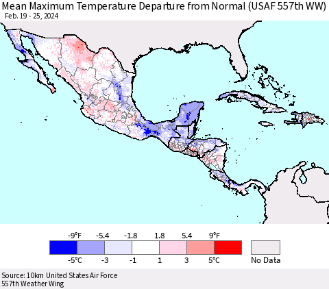 Mexico Central America and the Caribbean Mean Maximum Temperature Departure from Normal (USAF 557th WW) Thematic Map For 2/19/2024 - 2/25/2024