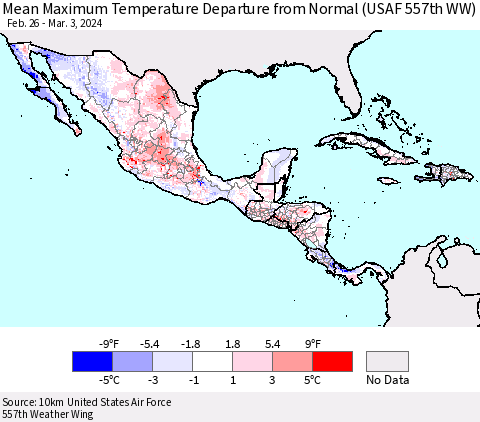 Mexico Central America and the Caribbean Mean Maximum Temperature Departure from Normal (USAF 557th WW) Thematic Map For 2/26/2024 - 3/3/2024