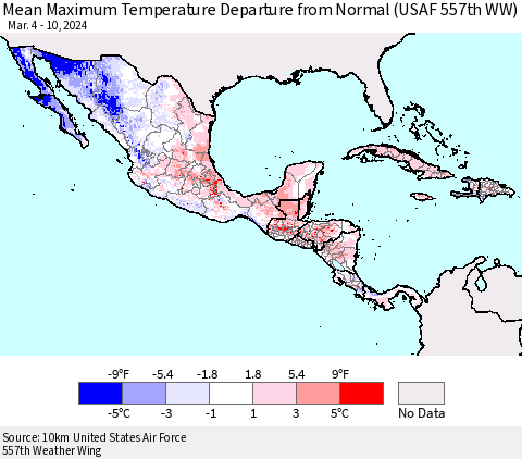 Mexico Central America and the Caribbean Mean Maximum Temperature Departure from Normal (USAF 557th WW) Thematic Map For 3/4/2024 - 3/10/2024