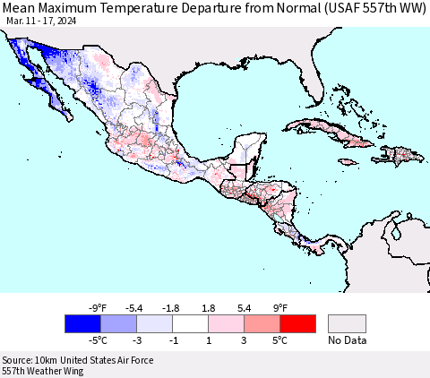 Mexico Central America and the Caribbean Mean Maximum Temperature Departure from Normal (USAF 557th WW) Thematic Map For 3/11/2024 - 3/17/2024