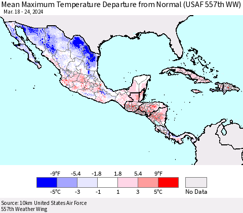 Mexico Central America and the Caribbean Mean Maximum Temperature Departure from Normal (USAF 557th WW) Thematic Map For 3/18/2024 - 3/24/2024
