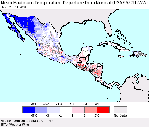 Mexico Central America and the Caribbean Mean Maximum Temperature Departure from Normal (USAF 557th WW) Thematic Map For 3/25/2024 - 3/31/2024