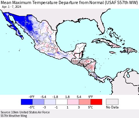 Mexico Central America and the Caribbean Mean Maximum Temperature Departure from Normal (USAF 557th WW) Thematic Map For 4/1/2024 - 4/7/2024