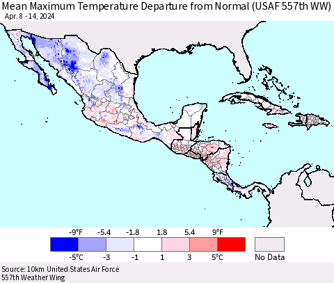 Mexico Central America and the Caribbean Mean Maximum Temperature Departure from Normal (USAF 557th WW) Thematic Map For 4/8/2024 - 4/14/2024