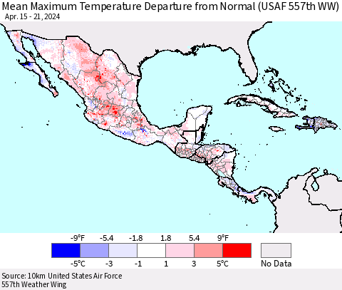 Mexico Central America and the Caribbean Mean Maximum Temperature Departure from Normal (USAF 557th WW) Thematic Map For 4/15/2024 - 4/21/2024
