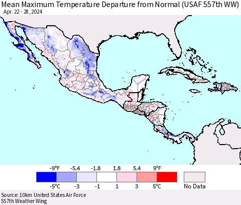 Mexico Central America and the Caribbean Mean Maximum Temperature Departure from Normal (USAF 557th WW) Thematic Map For 4/22/2024 - 4/28/2024