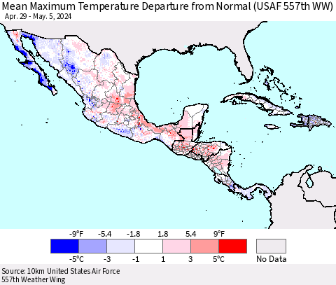 Mexico Central America and the Caribbean Mean Maximum Temperature Departure from Normal (USAF 557th WW) Thematic Map For 4/29/2024 - 5/5/2024