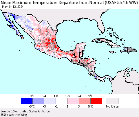Mexico Central America and the Caribbean Mean Maximum Temperature Departure from Normal (USAF 557th WW) Thematic Map For 5/6/2024 - 5/12/2024