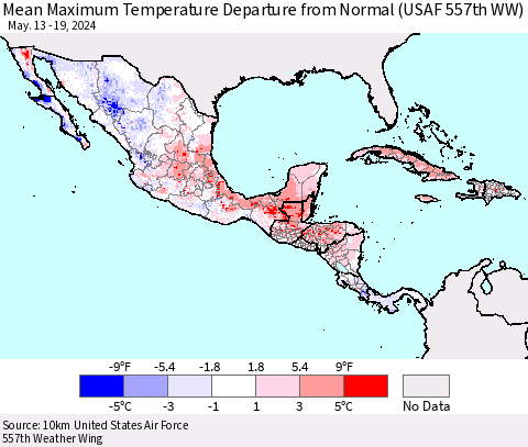 Mexico Central America and the Caribbean Mean Maximum Temperature Departure from Normal (USAF 557th WW) Thematic Map For 5/13/2024 - 5/19/2024