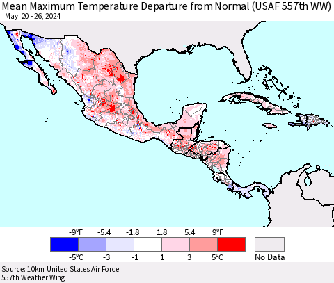 Mexico Central America and the Caribbean Mean Maximum Temperature Departure from Normal (USAF 557th WW) Thematic Map For 5/20/2024 - 5/26/2024