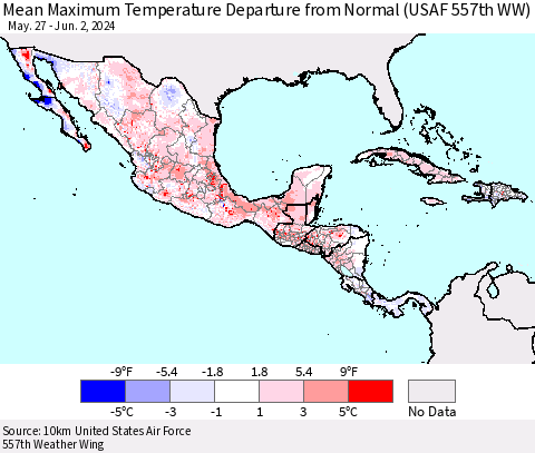 Mexico Central America and the Caribbean Mean Maximum Temperature Departure from Normal (USAF 557th WW) Thematic Map For 5/27/2024 - 6/2/2024