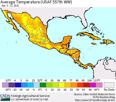 Mexico Central America and the Caribbean Average Temperature (USAF 557th WW) Thematic Map For 4/5/2021 - 4/11/2021