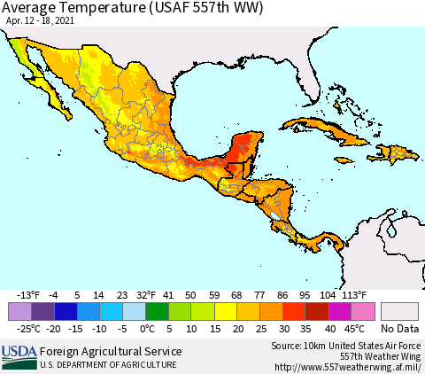 Mexico Central America and the Caribbean Average Temperature (USAF 557th WW) Thematic Map For 4/12/2021 - 4/18/2021