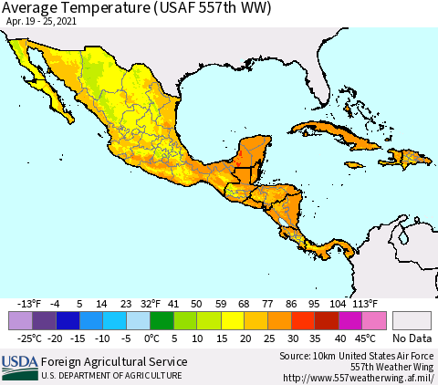 Mexico Central America and the Caribbean Average Temperature (USAF 557th WW) Thematic Map For 4/19/2021 - 4/25/2021