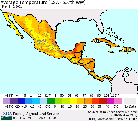 Mexico Central America and the Caribbean Average Temperature (USAF 557th WW) Thematic Map For 5/3/2021 - 5/9/2021
