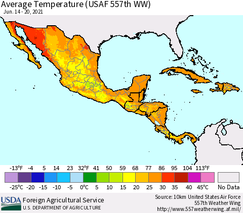 Mexico Central America and the Caribbean Average Temperature (USAF 557th WW) Thematic Map For 6/14/2021 - 6/20/2021