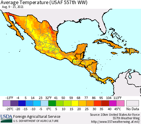 Mexico Central America and the Caribbean Average Temperature (USAF 557th WW) Thematic Map For 8/9/2021 - 8/15/2021