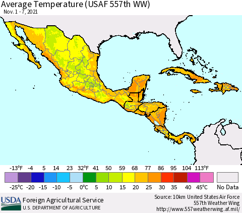 Mexico Central America and the Caribbean Average Temperature (USAF 557th WW) Thematic Map For 11/1/2021 - 11/7/2021