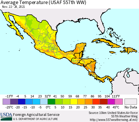 Mexico Central America and the Caribbean Average Temperature (USAF 557th WW) Thematic Map For 11/22/2021 - 11/28/2021