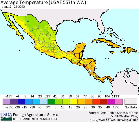 Mexico Central America and the Caribbean Average Temperature (USAF 557th WW) Thematic Map For 1/17/2022 - 1/23/2022