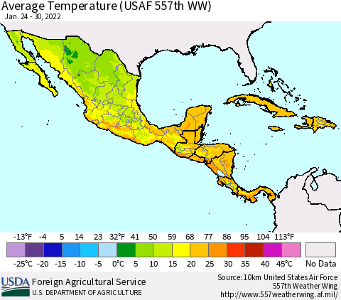 Mexico Central America and the Caribbean Average Temperature (USAF 557th WW) Thematic Map For 1/24/2022 - 1/30/2022