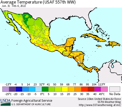 Mexico Central America and the Caribbean Average Temperature (USAF 557th WW) Thematic Map For 1/31/2022 - 2/6/2022