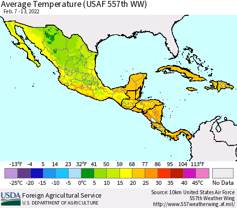 Mexico Central America and the Caribbean Average Temperature (USAF 557th WW) Thematic Map For 2/7/2022 - 2/13/2022
