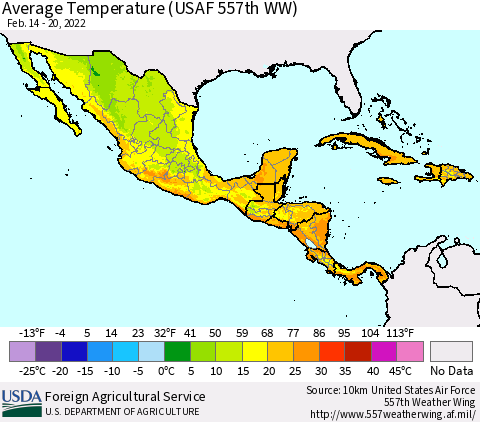 Mexico Central America and the Caribbean Average Temperature (USAF 557th WW) Thematic Map For 2/14/2022 - 2/20/2022