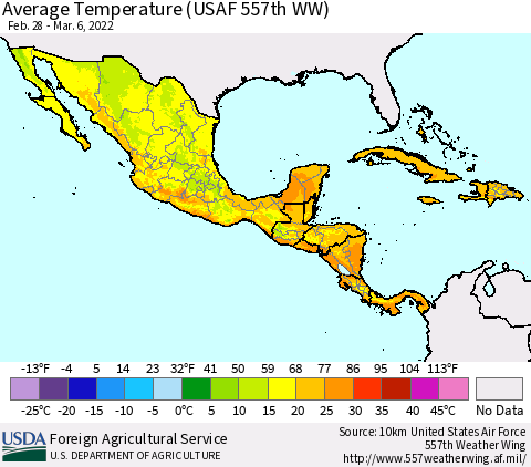 Mexico Central America and the Caribbean Average Temperature (USAF 557th WW) Thematic Map For 2/28/2022 - 3/6/2022