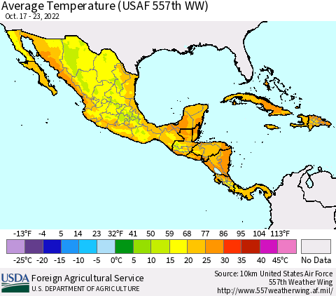 Mexico Central America and the Caribbean Average Temperature (USAF 557th WW) Thematic Map For 10/17/2022 - 10/23/2022