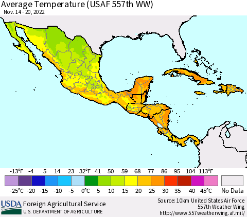 Mexico Central America and the Caribbean Average Temperature (USAF 557th WW) Thematic Map For 11/14/2022 - 11/20/2022