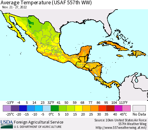 Mexico Central America and the Caribbean Average Temperature (USAF 557th WW) Thematic Map For 11/21/2022 - 11/27/2022