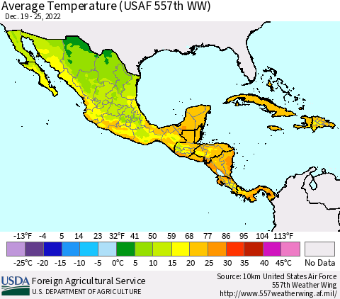 Mexico Central America and the Caribbean Average Temperature (USAF 557th WW) Thematic Map For 12/19/2022 - 12/25/2022